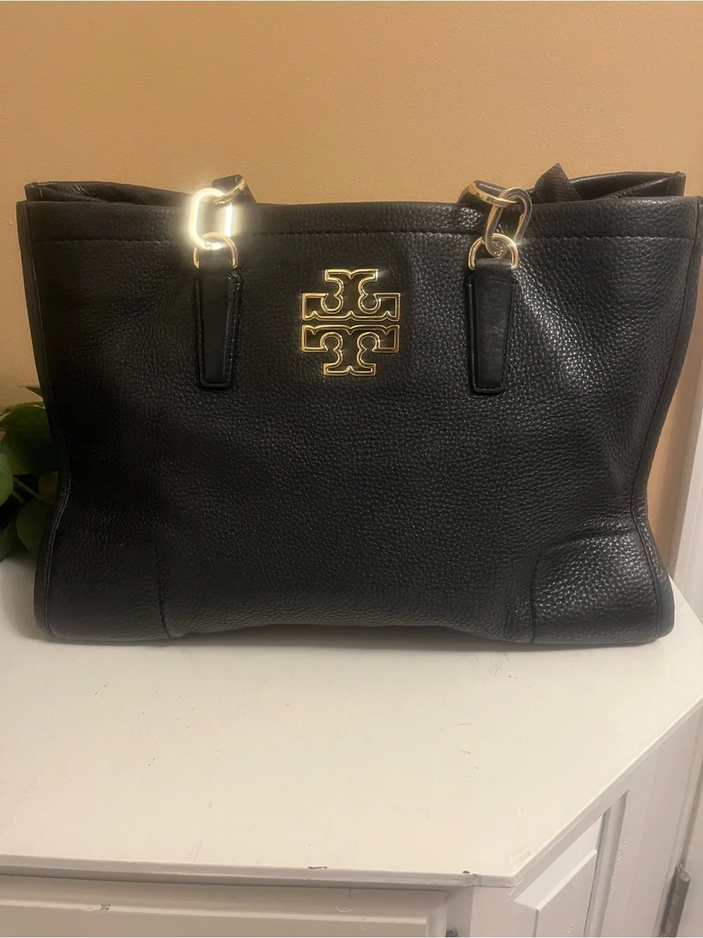 Tory Burch Black Pebbled Leather Tote with Gold Logo Hardware